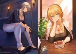 Rule 34 | absurdres, ahoge, artoria pendragon (fate), artoria pendragon (lancer) (fate), artoria pendragon (lancer alter) (fate), bag, braid, breasts, cleavage, coat, commentary request, couch, cup, dark room, fate/grand order, fate (series), green eyes, hair between eyes, handbag, highres, jewelry, large breasts, low-cut, mashuu (neko no oyashiro), necklace, plant, sidelocks, sitting, pants, smile, swept bangs, table, tea, teacup, white coat, window, yellow eyes