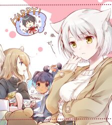 Rule 34 | 1boy, 3girls, alternate costume, animal ears, belt, belt buckle, black belt, black hair, black sweater, blue hair, blue jacket, box, brown eyes, brown hair, brown jacket, buckle, buttons, casual, cat ears, closed mouth, commentary request, dark-skinned female, dark skin, english text, eunie (xenoblade), gift, gift box, grey hair, hair between eyes, happy, head wings, jacket, long hair, long sleeves, mio (xenoblade), multicolored hair, multiple girls, noah (xenoblade), open clothes, open jacket, purple eyes, sena (xenoblade), short hair, side ponytail, stuffed animal, stuffed toy, sweater, swept bangs, teddy bear, thinking, thought bubble, two-tone hair, ui frara, white sweater, wings, xenoblade chronicles (series), xenoblade chronicles 3, yellow eyes