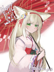 Rule 34 | 1girl, absurdres, animal ear fluff, animal ears, arknights, artist name, blonde hair, blush, closed mouth, commentary request, dated, fox ears, fox girl, green eyes, happy birthday, highres, holding, holding umbrella, japanese clothes, kimono, long sleeves, looking at viewer, official alternate costume, oil-paper umbrella, pink kimono, red umbrella, solo, suzuran (arknights), suzuran (yukibare) (arknights), twitter username, umbrella, upper body, wachi (wachi yo), wide sleeves