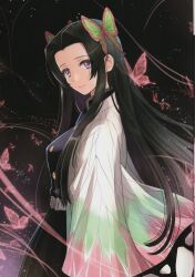 Rule 34 | 1girl, absurdres, belt, black background, black hair, breasts, bug, butterfly, butterfly hair ornament, buttons, demon slayer uniform, gradient background, gradient clothes, hair ornament, haori, highres, insect, japanese clothes, kimetsu no yaiba, kochou kanae, lips, long hair, looking at viewer, medium breasts, parted bangs, purple eyes, scan, sidelocks, simple background, tony taka, uniform, white belt