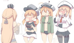 Rule 34 | 10s, 5girls, :d, = =, ?, ^ ^, adapted costume, ahoge, anchor hair ornament, bikini, bismarck (kancolle), black bikini, blonde hair, closed eyes, clothes writing, coffee, coffee mug, cross, crown, cup, dated, dress, drooling, closed eyes, german text, ghost, graf zeppelin (kancolle), hair ornament, hat, holding, holding paper, iron cross, jacket, jersey, kantai collection, laughing, military, military uniform, monty python, mug, multiple girls, o o, open clothes, open jacket, open mouth, pantyhose, paper, peaked cap, prinz eugen (kancolle), shirt, silver bell (artist), skirt, smile, swimsuit, t-shirt, tears, track jacket, triangle mouth, twintails, u-511 (kancolle), uniform, warspite (kancolle), when you see it