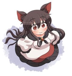 Rule 34 | 1girl, :3, animal ear fluff, animal ears, blush, brown hair, closed mouth, dress, hair between eyes, imaizumi kagerou, long hair, red dress, red eyes, rokugou daisuke, signature, sleeves past fingers, sleeves past wrists, smile, solo, touhou, white dress, wide sleeves, wolf ears
