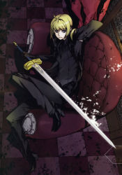 Rule 34 | 1girl, absurdres, ahoge, armchair, artoria pendragon (all), artoria pendragon (fate), black gloves, blonde hair, chair, checkered floor, crossdressing, excalibur (fate/stay night), fate/zero, fate (series), floor, formal, from above, full body, gloves, green eyes, highres, jacket, long hair, lying, miwa shirow, on side, pant suit, pants, ponytail, saber (fate), sitting, solo, suit, sword, type-moon, waistcoat, weapon