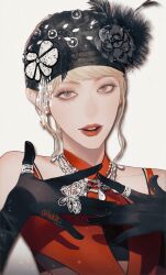 Rule 34 | 1girl, black eyes, black gloves, black headwear, black tube top, blonde hair, collarbone, dress, g-i-dle, gloves, highres, hoki11, jewelry, k-pop, looking at viewer, minnie nicha yontararak, nxde (g-i-dle), portrait, real life, red dress, ring, solo, strapless, tube top, white background