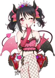 Rule 34 | 1girl, \m/, black hair, black horns, black wings, blush, bow, bracelet, crop top, crossed legs, demon wings, earrings, finger to mouth, fishnet legwear, fishnets, frilled skirt, frills, hair bow, hair ornament, hairclip, heart, heart tail, highres, horns, jewelry, long hair, love live!, love live! school idol festival, love live! school idol project, multicolored wings, official alternate costume, one eye closed, pink bow, pink wings, polka dot, polka dot bow, red eyes, red skirt, sitting, skirt, smile, solo, tail, tiara, twintails, white background, wings, yazawa nico, zero-theme