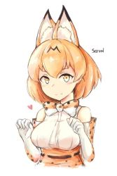 Rule 34 | 10s, 1girl, 3ma saga, :3, animal ears, bad id, bad twitter id, bare shoulders, belt, blonde hair, blush, bow, bowtie, character name, commentary request, elbow gloves, fang, gloves, heart, high-waist skirt, kemono friends, korean commentary, multicolored hair, paw pose, serval (kemono friends), serval print, short hair, skirt, sleeveless, solo, upper body, yellow eyes