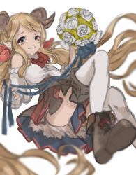 Rule 34 | 10s, 1girl, adapted costume, ankle boots, blue eyes, blush, boots, brown footwear, draph, granblue fantasy, hallessena, highres, horns, long hair, miu (minnncho), orange hair, plaid, plaid skirt, pointy ears, red skirt, simple background, skirt, solo, tears, thighhighs, very long hair, white background, white thighhighs