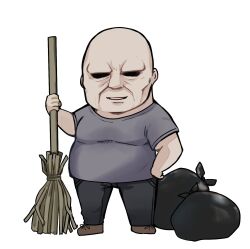 Rule 34 | 1boy, bald, black pants, broom, brown footwear, chibi, faceless, faceless male, facing viewer, fat, fat man, full body, grey shirt, hand on own hip, highres, holding, holding broom, looking at viewer, male focus, mayuko (mayumaaaaaro), ooya (yani neko), open mouth, pants, shaded face, shirt, shoes, short sleeves, simple background, smile, solo, standing, t-shirt, trash bag, white background, wrinkled skin, yani neko