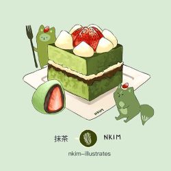 Rule 34 | artist name, cake, daifuku, food, food focus, fork, fox, fruit, green background, green theme, ichigo daifuku, nadia kim, no humans, plate, strawberry, wagashi