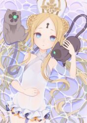 Rule 34 | 1girl, abigail williams (fate), abigail williams (swimsuit foreigner) (fate), abigail williams (swimsuit foreigner) (second ascension) (fate), black cat, blonde hair, blue eyes, braid, braided bun, cat, cowboy shot, double bun, dress swimsuit, expressionless, fate/grand order, fate (series), flat chest, forehead, hair bun, hand on own stomach, hat, keyhole, looking at viewer, lying, mitre, on back, one-piece swimsuit, parted bangs, parted lips, partially submerged, sato (r017xts117), solo, swimsuit, thigh gap, water, white one-piece swimsuit