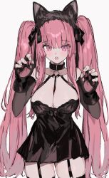 Rule 34 | 1girl, animal ears, animal hands, aogisa, azur lane, black dress, breasts, cat ears, choker, cleavage, detached sleeves, dress, fake animal ears, gloves, highres, la galissonniere (azur lane), la galissonniere (black cat of all hallows&#039; eve) (azur lane), lace trim, large breasts, long hair, looking at viewer, microdress, official alternate costume, paw gloves, pink eyes, pink hair, simple background, solo, standing, twintails, very long hair, white background