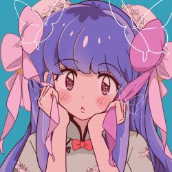 Rule 34 | 1girl, blue background, bow, bowtie, bun cover, commentary, double bun, hair bun, hands on own cheeks, hands on own face, highres, long hair, looking at viewer, nibo ume katsu, purple hair, ranma 1/2, red bow, red bowtie, red eyes, shampoo (ranma 1/2), sidelocks, solo, straight-on, upper body