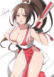 Rule 34 | 1girl, breasts, fatal fury, highres, large breasts, pelvic curtain, ponytail, shiranui mai, smile, solo, thighs, white background