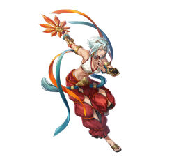 Rule 34 | 1girl, abs, armlet, attack, breasts, cleavage, dagr (fire emblem), dagr (winds offered) (fire emblem), fire emblem, fire emblem heroes, grey hair, grin, hand fan, medium breasts, midriff, muscular, muscular female, nintendo, non-web source, official alternate costume, official art, paper fan, sandals, smile, solo, tassel, teeth, tiara, uchiwa, white background