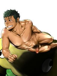 Rule 34 | 1boy, abs, black hair, censored, happy, itto (mentaiko), male focus, muscular, nude, penis, smile, solo, testicles