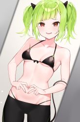 Rule 34 | 1girl, absurdres, bikini, black bikini, breasts, commission, delutaya, diagonal bangs, front-tie bikini top, front-tie top, green hair, highres, horns, hoshi usagi, indie virtual youtuber, leggings, looking at viewer, mole, mole on breast, navel, open mouth, red eyes, small breasts, solo, string bikini, swimsuit, tail, twintails, utaite, virtual youtuber