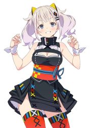 Rule 34 | 1girl, bare arms, black dress, blue eyes, blush, breasts, cleavage, cleavage cutout, clothing cutout, contrapposto, cowboy shot, dot nose, dress, hair ornament, kaguya luna, kanzaki hiro, looking at viewer, medium breasts, obi, red thighhighs, ribbon, sash, short hair, silver hair, simple background, sleeveless, sleeveless dress, smile, solo, stitching, the moon studio, thighhighs, twintails, virtual youtuber, white background, white ribbon, wrist ribbon, x hair ornament