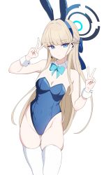 Rule 34 | 1girl, absurdres, animal ears, aqua bow, aqua bowtie, bare shoulders, blonde hair, blue archive, blue bow, blue eyes, blue hair, blue leotard, bow, bowtie, braid, breasts, cleavage, coro fae, covered navel, detached collar, double v, earpiece, fake animal ears, groin, hair bow, halo, hands up, highleg, highleg leotard, highres, leotard, long hair, looking at viewer, medium breasts, multicolored hair, official alternate costume, paid reward available, playboy bunny, rabbit ears, simple background, skindentation, solo, strapless, strapless leotard, streaked hair, thighhighs, toki (blue archive), v, very long hair, white background, white thighhighs, white wrist cuffs, wrist cuffs