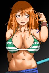 Rule 34 | 1girl, absurdres, arm behind back, arm up, bangle, bikini, bikini top only, blush, bracelet, breasts, breasts apart, cleavage, clima-tact, collarbone, cowboy shot, eyelashes, green bikini, hand in own hair, highres, holding, holding staff, jewelry, kevbot, large breasts, lips, long hair, looking away, looking up, loose pants, midriff, nami (one piece), navel, one piece, one piece: strong world, orange hair, shoulder tattoo, solo, staff, swimsuit, tattoo, toned, tongue, tongue out