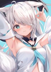 Rule 34 | 1girl, ahoge, animal ear fluff, animal ears, armpits, arms up, blue background, blue neckerchief, blush, braid, breasts, commentary request, detached sleeves, earrings, ears down, fox ears, fox girl, fox shadow puppet, fox tail, green eyes, hair between eyes, hair over one eye, highres, hololive, hood, hoodie, jewelry, long hair, looking at viewer, neckerchief, shirakami fubuki, shirakami fubuki (1st costume), sidelocks, simple background, single braid, small breasts, smile, solo, tail, uechin ewokaku, virtual youtuber, white hair, white hoodie