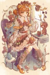 Rule 34 | 1girl, :3, :p, acorn, animal ears, artist name, bear ears, bear hair ornament, blunt bangs, bow, bow skirt, bowtie, brown capelet, brown eyes, brown hair, brown skirt, cake, cake slice, capelet, chair, commentary, cupcake, falling petals, floating, floating object, flower, food, fork, frilled skirt, frilled socks, frills, from above, full body, ginkgo leaf, hair bun, hair ornament, hairclip, headdress, heart, highres, holding, holding fork, indoors, kneehighs, knees together feet apart, layered skirt, leaf, light blush, long sleeves, looking at viewer, on chair, orange bow, orange bowtie, orange footwear, original, petals, pink flower, pink socks, plate, puffy long sleeves, puffy sleeves, shoes, short hair, signature, single hair bun, single side bun, sitting, skirt, smile, socks, solo, sparkle, striped background, stuffed animal, stuffed toy, symbol-only commentary, table, teddy bear, tongue, tongue out, tsukumi bis, vase, yellow background
