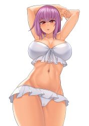 Rule 34 | 10s, 1girl, absurdres, aori sora, armpits, arms behind head, bikini, cameltoe, commentary, commentary request, cowboy shot, english commentary, frilled bikini, frills, gridman universe, hands up, highres, looking at viewer, navel, parted lips, purple hair, red eyes, shinjou akane, short hair, simple background, solo, ssss.gridman, standing, swimsuit, thigh gap, white background, white bikini