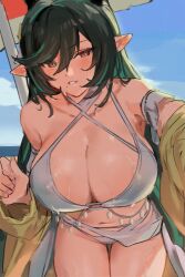 1girl beach beach_umbrella bikini black_hair breasts cleavage colored_inner_hair criss-cross_halter dragon_girl dragon_horns draph granblue_fantasy green_hair halterneck highres horns large_breasts long_hair mole mole_under_mouth multicolored_eyes multicolored_hair navel nuykkif official_alternate_costume outdoors parted_lips payila_(granblue_fantasy) pointy_ears red_eyes selfie sketch smile solo swimsuit two-tone_eyes umbrella white_bikini