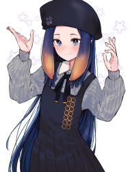 Rule 34 | 1girl, absurdres, beret, black dress, black hat, black ribbon, blue eyes, blush, buttons, closed mouth, collared shirt, cowboy shot, dress, epeulu (ate5424), forehead, gradient hair, hands up, hat, highres, hololive, hololive english, long sleeves, multicolored hair, ninomae ina&#039;nis, ninomae ina&#039;nis (casual), orange hair, pinstripe pattern, pinstripe shirt, puffy long sleeves, puffy sleeves, purple hair, ribbon, shirt, simple background, sleeveless, sleeveless dress, smile, solo, star (symbol), striped clothes, striped shirt, tentacle hair, vertical-striped clothes, vertical-striped shirt, virtual youtuber, white background