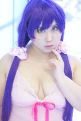 Rule 34 | 1girl, asian, breasts, cleavage, cosplay, fat, finger to mouth, green eyes, large breasts, love live!, love live! school idol project, photo (medium), plump, purple hair, ribbon, sakuran watanabe, solo, tojo nozomi (cosplay), tojo nozomi, twintails
