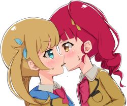 Rule 34 | 10s, 2girls, akagi anna, bad id, bad pixiv id, blazer, blue eyes, blue ribbon, blush, bow, bowtie, brown eyes, brown jacket, brown ribbon, closed mouth, collared shirt, commentary request, eye contact, food, hair ribbon, jacket, kiratto pri chan, light brown hair, long hair, looking at another, moegi emo, multiple girls, pink neckwear, pocky, pocky kiss, pretty series, profile, purple hair, ribbon, school uniform, shared food, shirt, simple background, sutei (xfzdarkt), sweat, twintails, white background, white shirt, yuri