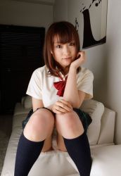 Rule 34 | 1girl, asian, brown hair, couch, crossed arms, crotch, japanese (nationality), long hair, paint, panties, pantyshot, photo (medium), pillow, red ribbon, ribbon, shirt, sitting, skirt, smile, socks, solo, thighhighs, thighs, underwear, upskirt, white shirt