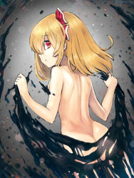 Rule 34 | 1girl, alternate hair length, alternate hairstyle, ass, back, blonde hair, commentary request, darkness, from behind, hair ribbon, long hair, looking at viewer, nude, profile, red eyes, red ribbon, ribbon, rumia, solo, standing, touhou, yubayuki