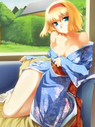 Rule 34 | 1girl, alice margatroid, bare legs, bare shoulders, blonde hair, blue eyes, breasts, cleavage, couch, female focus, hairband, hinohoshi ataru, indoors, japanese clothes, kimono, kimono down, kimono pull, large breasts, looking at viewer, no bra, off shoulder, sany, short hair, solo, touhou, tree, undressing