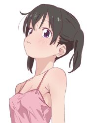Rule 34 | 1girl, black hair, breasts, camisole, cleavage, covered erect nipples, doublep0ints, from side, hair between eyes, highres, kuraue hinata, looking at viewer, no bra, pink camisole, purple eyes, short twintails, sideboob, small breasts, solo, twintails, upper body, yama no susume