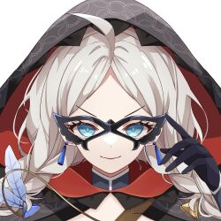 Rule 34 | 1girl, absurdres, adjusting eyewear, ahoge, black gloves, blue brooch, blue eyes, braid, chain, cho 000, closed mouth, commission, commissioner upload, crystal earrings, earrings, eye mask, feathers, fire emblem, fire emblem fates, fire emblem heroes, gloves, gold chain, highres, hood, hood up, jewelry, low twin braids, nina (fire emblem), nina (thief) (fire emblem), nintendo, non-web source, parted bangs, portrait, smile, solo, turtleneck, twin braids, two-sided fabric, white hair