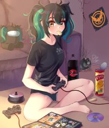 Rule 34 | 1girl, absurdres, among us, barefoot, black hair, black panties, black shirt, cd, chips (food), controller, couch, crewmate (among us), dragonball z, drogo doggo, expressionless, food, game controller, girls&#039; frontline, grand theft auto, green hair, hair between eyes, highres, holding, holding controller, holding game controller, indian style, indoors, legs, long hair, looking at viewer, messy hair, mouse (animal), mouth hold, multicolored hair, panties, playstation controller, potato chips, pro evolution soccer, saf (girls&#039; frontline), shirt, sitting, soda bottle, solo, t-shirt, toes, tom clancy&#039;s the division, twintails, underwear, yellow eyes
