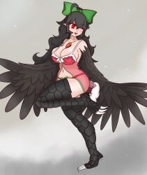 Rule 34 | 1girl, ahoge, alternate costume, babydoll, black hair, black wings, blush, bow, bra, breasts, caramella licarush, cleavage, commentary, crossed bangs, english commentary, feathered wings, full body, green bow, grey background, hair between eyes, hair bow, harpy, highres, large breasts, long hair, looking at viewer, monster girl, monsterification, navel, one eye closed, panties, pink babydoll, red bra, red eyes, red panties, reiuji utsuho, solo, standing, standing on one leg, talons, third eye, touhou, underwear, winged arms, wings