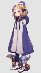Rule 34 | 1girl, abigail williams (fate), bandaid, bandaid on face, bandaid on forehead, blonde hair, blue eyes, blush, bow, closed mouth, crossed bandaids, denim, dot mouth, drawstring, expressionless, fate/grand order, fate (series), forehead, full body, gamuo, grey background, hair bow, hat, highres, hood, hood down, hoodie, jeans, long hair, multiple hair bows, orange bow, oversized clothes, pants, parted bangs, penguin hat, polka dot, polka dot bow, shoes, sleeves past fingers, sleeves past wrists, sneakers, solo, suction cups, tentacles