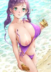 Rule 34 | 10s, 1girl, bare shoulders, beach, bikini, breasts, cleavage, green eyes, highres, large breasts, long hair, love live!, love live! school idol project, nipples, open mouth, outdoors, parted bangs, purple hair, solo, standing, swimsuit, thighs, tojo nozomi, twintails, wardrobe malfunction