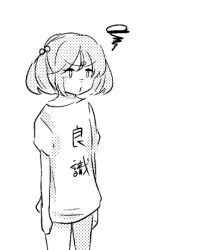 Rule 34 | 10s, 1girl, alternate costume, bad id, bad pixiv id, clothes writing, female focus, greyscale, hina (bird salty), kantai collection, lowres, monochrome, sazanami (kancolle), shirt, solo, t-shirt, translation request, white background