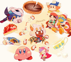 Rule 34 | :q, :t, ^ ^, adeleine, armor, artist name, bandana, bandana waddle dee, bench, beret, black cape, black hair, blue bandana, blue eyes, blue socks, blunt bangs, blush, blush stickers, brown eyes, brown footwear, cape, cloak, closed eyes, closed mouth, collared shirt, commentary request, cup, cup on head, drinking, eating, fangs, fangs out, food, food on face, fork, fruit, fur-trimmed jacket, fur-trimmed sleeves, fur trim, gloves, green cloak, green shirt, grey skirt, hands on own cheeks, hands on own face, hands up, hat, heart, highres, holding, holding cup, holding fork, holding mask, holding plate, holding saucer, holding teapot, hood, hood up, horns, jacket, king dedede, kirby, kirby (series), licking lips, long hair, long skirt, long sleeves, looking at viewer, magolor, mask, mask on head, meta knight, nintendo, on bench, open clothes, open jacket, orange horns, parted bangs, pauldrons, pencil skirt, pie, pie slice, pink hair, plate, pom pom (clothes), pouring, rayman limbs, red headwear, red jacket, red scarf, saucer, scarf, shirt, shoes, short hair, shoulder armor, sidelocks, simple background, sitting, skirt, smile, socks, strawberry, sugar cube, susie (kirby), swept bangs, taranza, tea, teacup, teapot, tokuura, tongue, tongue out, u u, v-shaped eyebrows, white background, white eyes, white gloves, white hair, yellow background, yellow gloves