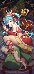 Rule 34 | 1girl, absurdres, ahoge, ankle bow, ankle lace-up, ankle ribbon, artist name, bandaid, bandaid on leg, barefoot, bell, blue eyes, blue hair, blush stickers, bow, box, breasts, cane, catxuan, christmas, christmas ornaments, christmas tree, cross-laced footwear, dated, detached sleeves, fang, gift, gift box, hair bell, hair bow, hair ornament, hatsune miku, headphones, highres, leg ribbon, long hair, looking at viewer, lying, musical note, musical note print, night, on side, open mouth, revision, ribbon, santa costume, shoulder tattoo, skirt, solo, spring onion, tattoo, twintails, underboob, very long hair, vocaloid