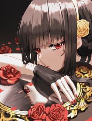 Rule 34 | 1girl, absurdres, bad id, bad twitter id, black choker, black gloves, black hair, blunt bangs, choker, commentary, fingerless gloves, flower, gloves, gold hairband, hair flower, hair ornament, hairband, highres, lips, looking at viewer, mirror, nail polish, portrait, red eyes, red nails, reflection, rose, short hair with long locks, sidelocks, solo, spy x family, ueng, yor briar