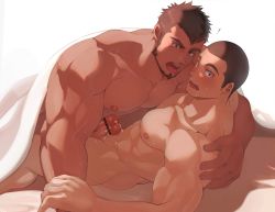 Rule 34 | !, 2boys, abs, after kiss, arm around shoulder, ass, bar censor, bara, beard, bed sheet, blush, brown eyes, brown hair, buzz cut, caught, censored, completely nude, couple, crow (siranui), dark-skinned male, dark skin, erection, facial hair, highres, interracial, large pectorals, looking at viewer, lying, male focus, mature male, multiple boys, multiple penises, muscular, muscular male, naked sheet, nipples, nude, on back, on person, original, pectoral docking, pectoral press, pectorals, penis, penises touching, precum, saliva, saliva trail, short hair, sideburns, stomach, sweat, thick eyebrows, under covers, veins, very short hair, yaoi