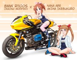 Rule 34 | 2girls, abe nana, absurdres, blue one-piece swimsuit, blunt bangs, bmw, bmw r1100s, boots, breasts, brown background, brown eyes, brown hair, character name, coat, commentary, flick (sal23), glasses, hair ribbon, highres, holding, holding wrench, idolmaster, idolmaster cinderella girls, ikebukuro akiha, index finger raised, indian style, lab coat, logo, long hair, looking at viewer, motor vehicle, motorcycle, multiple girls, name tag, old school swimsuit, on ground, on motorcycle, one-piece swimsuit, open mouth, pink-framed eyewear, pink thighhighs, ponytail, ratchet wrench, red footwear, red ribbon, ribbon, school swimsuit, semi-rimless eyewear, shadow, shoes, short hair, sidelocks, sitting, sleeves rolled up, small breasts, smile, sneakers, star (symbol), starry background, swimsuit, thighhighs, twitter username, under-rim eyewear, white coat, white footwear, white ribbon, wrench