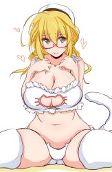 Rule 34 | 10s, 1girl, ahoge, alternate eye color, bare shoulders, blonde hair, blush, bra, breasts, cat cutout, cat ear panties, cat lingerie, cat tail, cleavage cutout, clothing cutout, collarbone, frilled bra, frills, glasses, green eyes, hat, heart, highres, i-8 (kancolle), kanbayashi chiko, kantai collection, large breasts, low twintails, meme attire, navel, panties, peaked cap, red-framed eyewear, semi-rimless eyewear, smile, solo, stomach, tail, thighhighs, twintails, under-rim eyewear, underwear, underwear only, white bra, white panties, white thighhighs