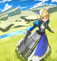 Rule 34 | 1girl, absurdres, ahoge, armor, armored dress, artoria pendragon (all), artoria pendragon (fate), bird, black corset, blonde hair, blue dress, blue ribbon, blue sky, braid, braided bun, breastplate, clenched hand, closed eyes, cloud, corset, dress, fate/grand order, fate/stay night, fate (series), faulds, field, flower, gauntlets, gold trim, grass, hair bun, hair ribbon, highres, juliet sleeves, long sleeves, outdoors, outstretched arms, parted lips, petticoat, pond, puffy sleeves, ribbon, rock, saber (fate), scratches, sky, solo, standing, sunlight, water, white bird, white flower, zuraa (naunau seijin)