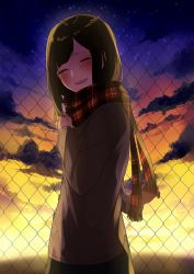 Rule 34 | 1girl, :d, black hair, black skirt, blush, brown shirt, chain-link fence, enpera, facing viewer, fence, from side, hand up, head tilt, long sleeves, looking at viewer, medium hair, night, night sky, open mouth, original, outdoors, scarf, shirt, skirt, sky, smile, sogawa, solo, star (sky), starry sky
