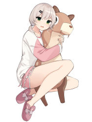 Rule 34 | 1girl, absurdres, bare legs, hugging doll, dolphin shorts, green eyes, hair ornament, hairclip, highres, long sleeves, looking at viewer, hugging object, open mouth, pink shorts, raglan sleeves, shirt, short hair, short ponytail, short shorts, shorts, simple background, slippers, smile, solo, thighs, viichan, virtual youtuber, waktaverse, white background, white hair, white shirt, ziro (zirorong)