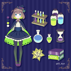 Rule 34 | 1girl, black cape, black hat, black pantyhose, black skirt, blue eyes, book, bottle, bow, brown hair, cape, closed mouth, color guide, frilled skirt, frills, gradient legwear, green cape, green hair, green pantyhose, hat, hat bow, highres, hourglass, ikari (aor3507), multicolored hair, original, pantyhose, pleated skirt, purple bow, purple footwear, shirt, shoes, skirt, small stellated dodecahedron, smile, solo, striped background, striped clothes, striped pantyhose, suspender skirt, suspenders, tilted headwear, twitter username, two-tone hair, two side up, vertical-striped clothes, vertical-striped pantyhose, vial, white shirt